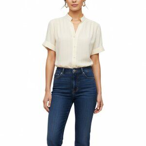 PIERRE BALMAIN VTG Mandarin Collar Butter Cream Yellow Button Down Blouse 12 M